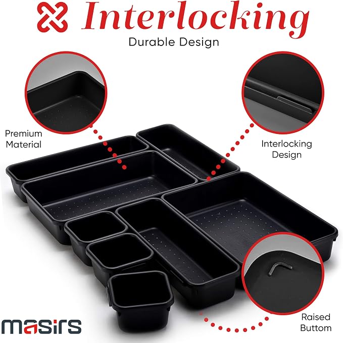 Masirs Interlocking Drawer Organizer Bins 8 Pcs, Desk Drawer Tray Set | Tool - Image 3