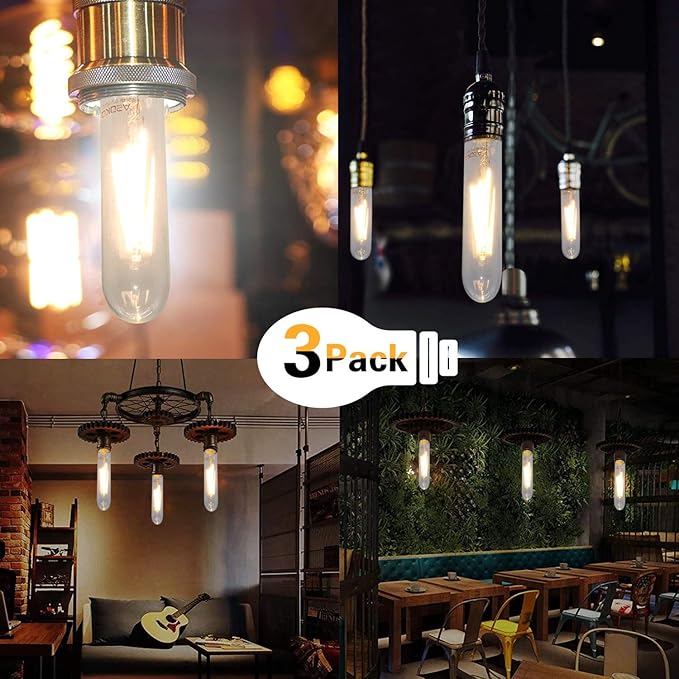 T10 Edison LED Tube Bulbs - Warm White, 2700K, Dimmable - Vintage Style, 4W Equivalent to 40W Incandescent, E26 Base, 3 Pack for Pendant Lights & Desk Lamps