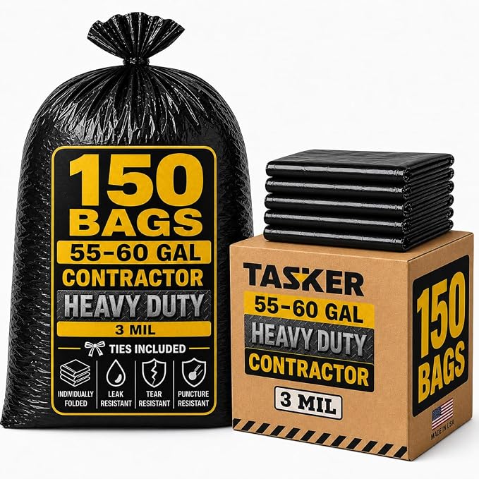 Tasker Contractor Garbage Bags, 150 ct, 55-60 Gal, 3 Mil Black | 150 Count Bulk by Tasker