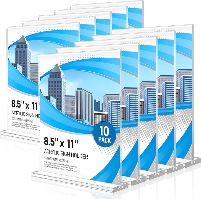 Acrylic Sign Holder 8.5 x 11 10 Pack, Double-Sided Clear Sign Holder Plastic Stands for Display, Table Sign Stands, T Shape Flyer Holder
