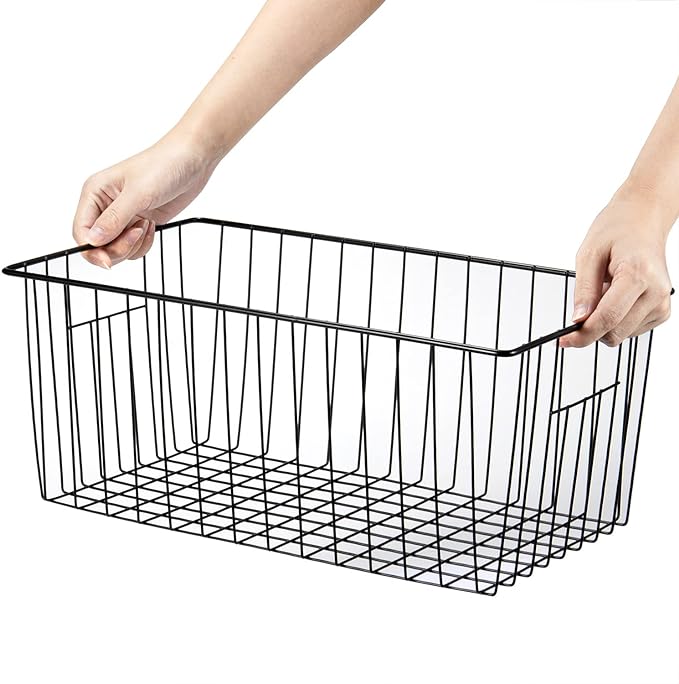 16" L x 12" W Wider Freezer Storage Organizer Baskets Container, Deep Metal Wire Chest Upright Refrigerator Divider Bins with Built-in Handles for Cabinet, Pantry, Closet, Kitchen, Black