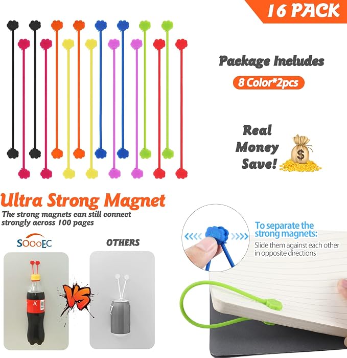 SOOOEC Magnetic Cable Ties 16 Pack, Cute Cloud 7.2" Silicone 8 Colors | Strong - Image 7