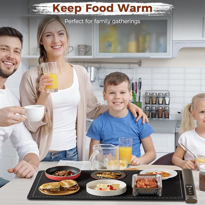 Upgrade Graphene Warming Mat for Food, Food Warming Mat for Countertop with 6 Temperature Settings and Timing Function, Portable Electric Warming Tray for Parties Buffet, Black