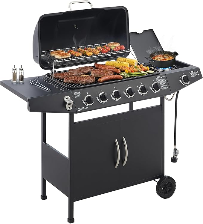 6 Burner Propane Gas Grill, 59,000 BTU Gas Grill with Side Burner, BBQ Grill with Cast Iron Grates, Stainless Steel Frame, 576 Sq In Cooking Area, Outside Grill for Patio Backyard, Patio