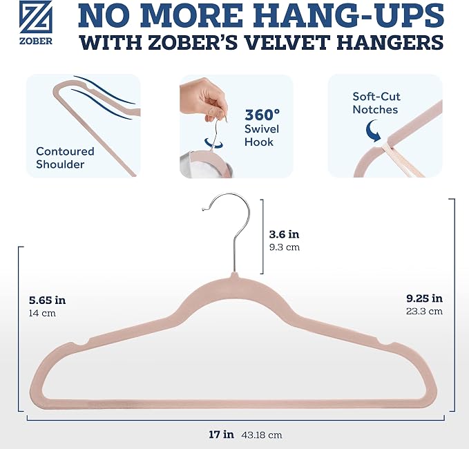 Zober Blush Velvet Hangers 50 Pack, Slim Non Slip Clothes Hangers | Slim velvet - Image 3