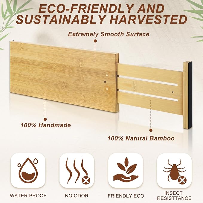 DoubleFill 4 Pcs 6 Inch High Drawer Dividers 15"-22" Adjustable Bamboo Drawer - Image 3