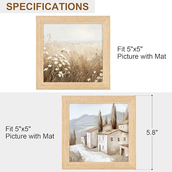 Vittanly 5x5 Picture Frame Set of 2, Solid Wood Frame for Wall or Tabletop, Natural