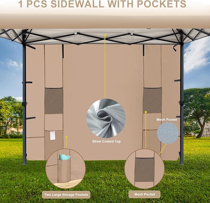 KAMPKEEPER 10x10 Easy Pop Up Canopy Tent with Sidewalls, Instant Outdoor Shade Shelter with Removable 10FT Sun Walls, Quick Setup Waterproof and UV-Resistant for Patio (Khaki, 1 sidewall)