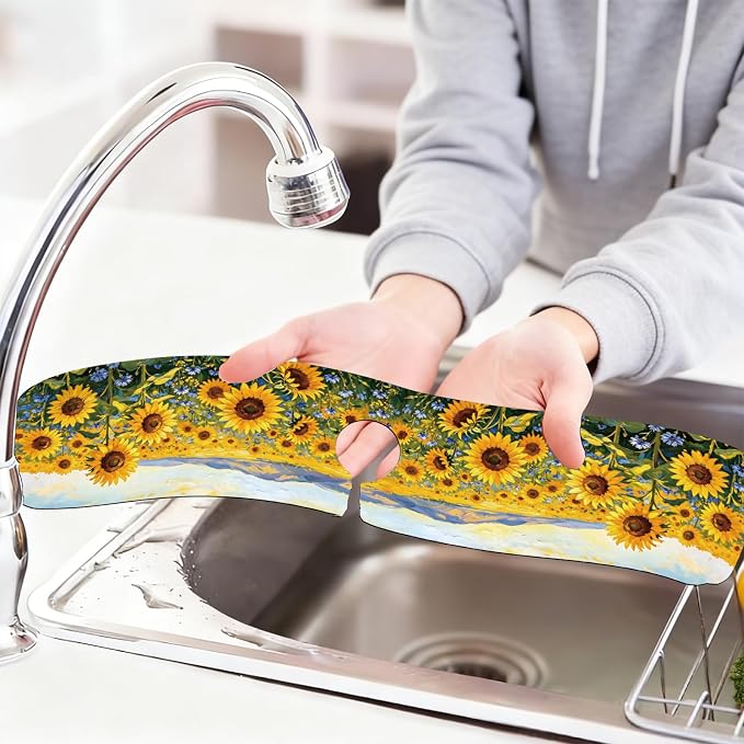 2 Pcs Kitchen Sink Splash Guard Faucet Mat Oil Painting of Sunflowers Pattern - Image 6