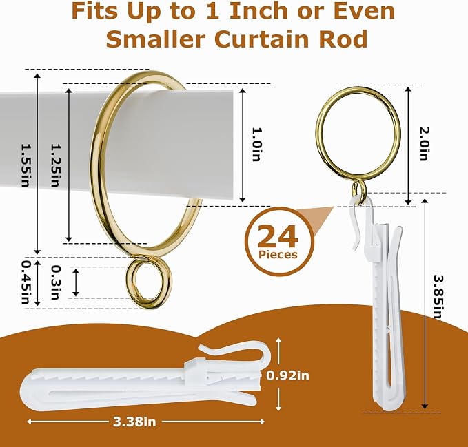 1.25 Inch Curtain Rings with Hooks, 24 Pack Gold Metal Drapery Rings with Pins - Image 2