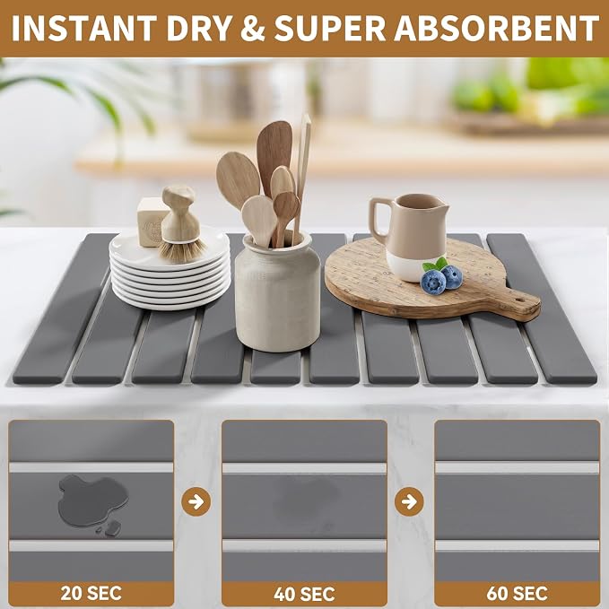 Foldable Stone Dish Drying Mat, 23.6"x15.3" Quick Dry Kitchen Board | Made of - Image 3