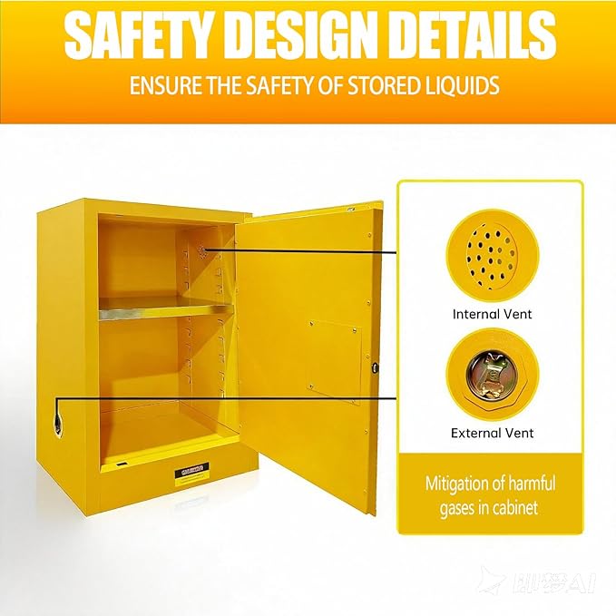 Flammable Safety Cabinet 23" x 18" x 36" Yellow, Cold-Rolled Steel 40 Gallon Explosion Proof Cabinet, Manual Close & Adjustable Shelf for Commercial Facilities, Lab & Industrial Warehouses