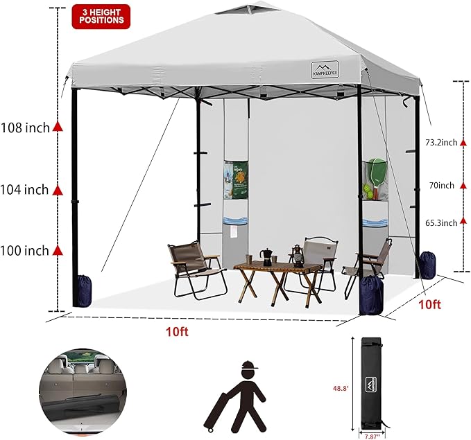 KAMPKEEPER 10x10 Easy Pop Up Canopy Tent with Sidewalls, Instant Outdoor Shade Shelter with Removable 10FT Sun Walls, Quick Setup Waterproof and UV-Resistant for Patio (White, 1 sidewall)