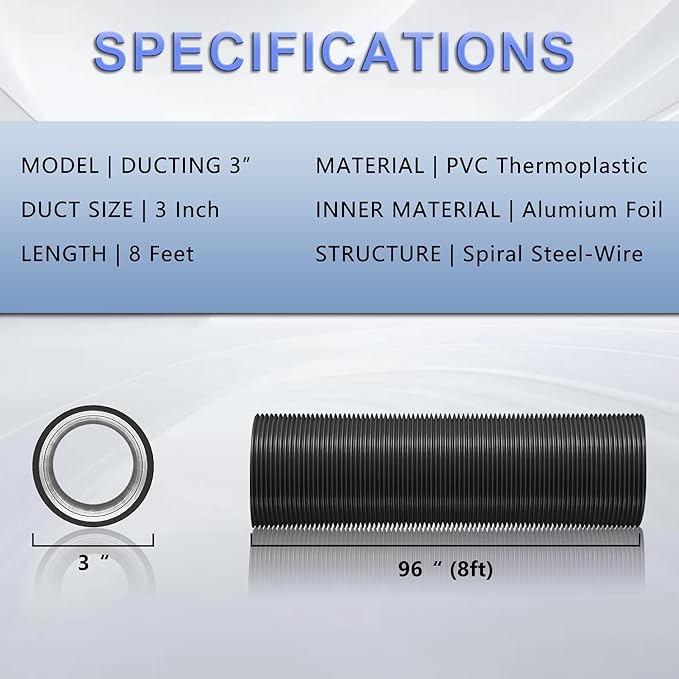 3 Inch Flexible Ducting Hose 8 Feet Black Aluminum Ducting -4 Layer Protection Dryer Vent Hose for HVAC Heating Cooling Ventilation and Exhaust, 2 Clamps Included