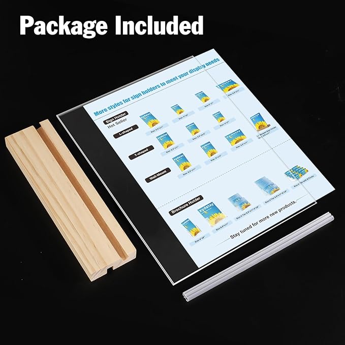 6pack 8.5x11 Acrylic Sign Holder with Wood Base for Picture Frames,L/T Shape Double Slot Design for Vertical or Slant Back Display, for Restaurant, Office, School, Store and Home Use