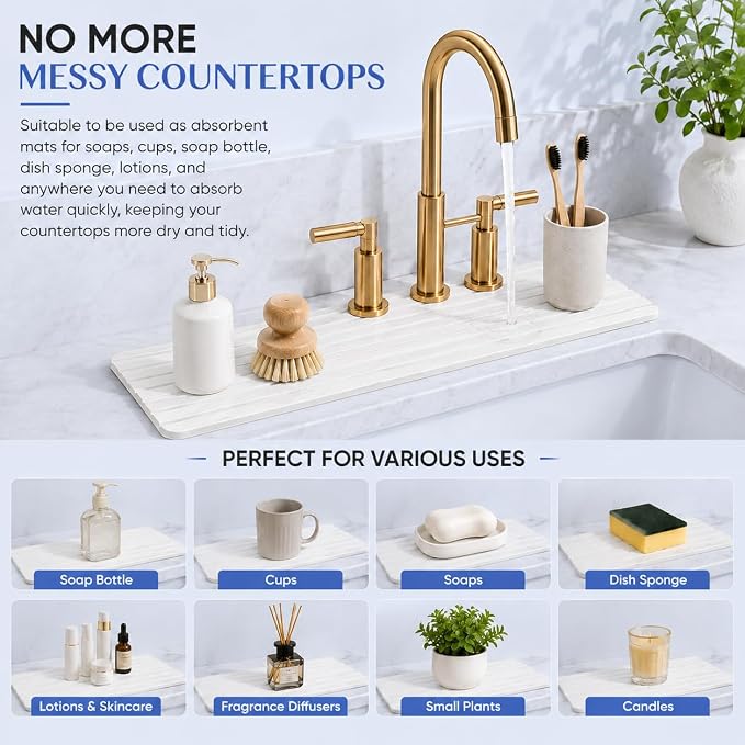 3 Hole Absorbent Faucet Mat, Quick Dry Diatomite Sink Splash Guard | Absorbent - Image 7