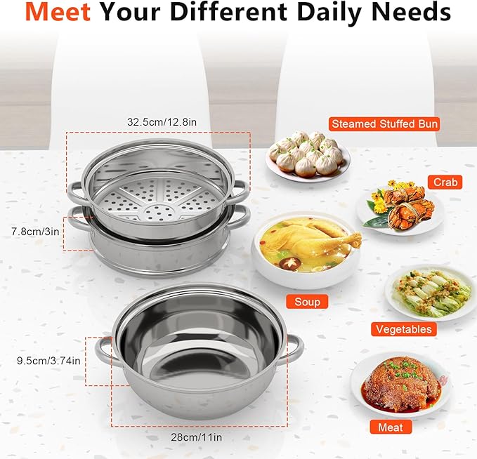 3-Tier Food Steamer Pot for Cooking, Stainless Steel Steamer Pot with Transparent Lid, 11inch Diameter, Stackable Steaming Pots Steam Cooker Cookware for Dumpling Seafood, Work for Induction Stove (11in Diameter)