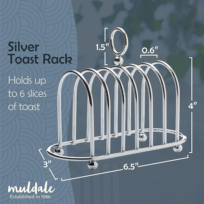 Muldale Toast Rack English Style - Victorian Chrome Holder for 6 Slices - Vintage Sturdy Stainless Steel Toast Stand with Ball Feet - British Caddy - 0.5" Wide Gap