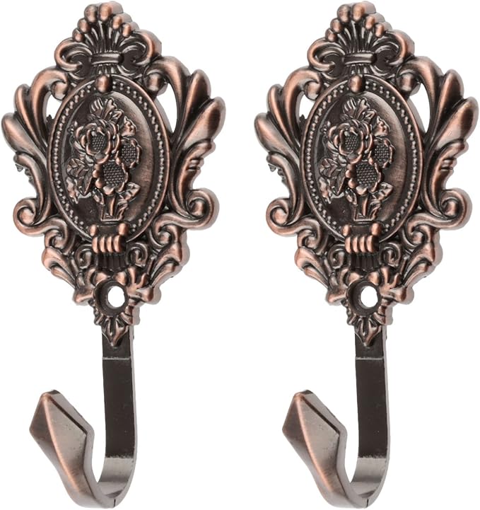 Curtain Tiebacks Small Lightweight Hooks, Vintage Red Copper Rose Pattern | - Image 3