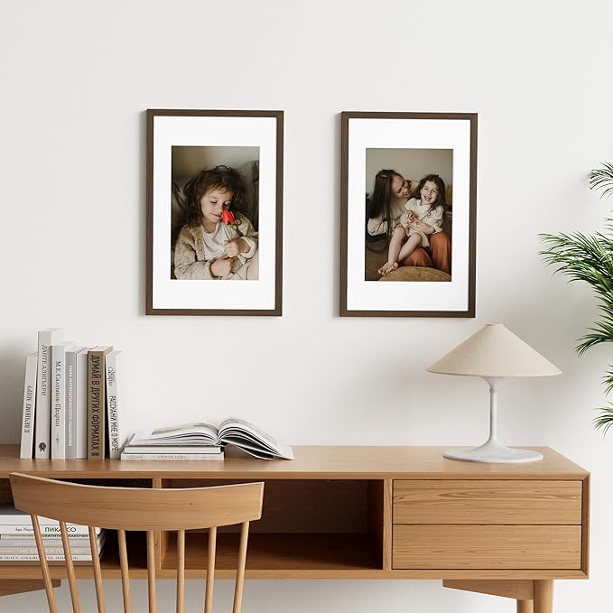 Vittanly 11x17 Picture Frame Set of 2, Solid Wood Frame for Wall Art Photo and Prints, Display Photo 8x12 with Mat or 11x17 without Mat, Brown