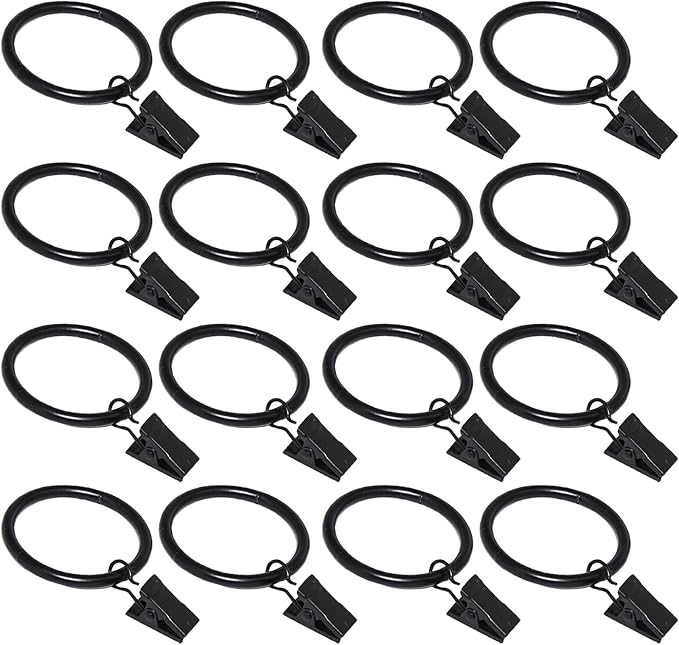 16 Pack Curtain Rings with Clips, Window Clip Rings Black Curtain Hooks Hangers by Azmoncy