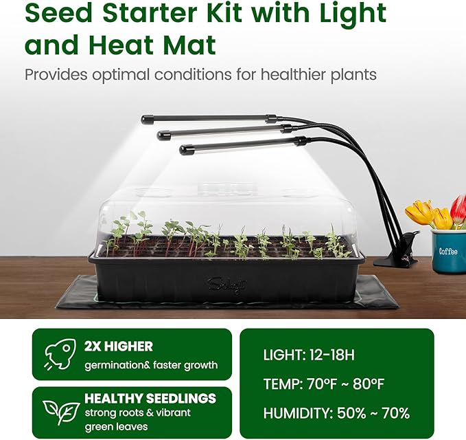 SOLIGT 60 Cell Seed Starter Kit with Grow Light and Heat Mat, Seed Starter Tray with Higher 4.3” Humidity Dome, 4/8/12/18H Timer, Flexible Light for Indoor Seed Starting & Seedling