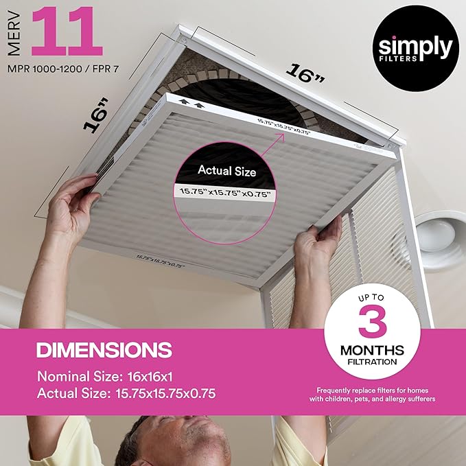 Simply 16x16x1 Air Filter, Merv 11, 6 Pack, For Home AC Furnace & HVAC (Actual Size: 15.75"x15.75"x0.75") DUST, Pet, & Allergy Control