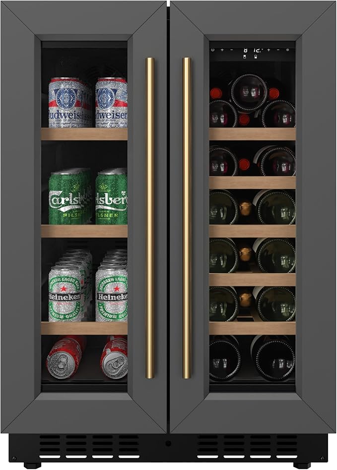 KoolMore Reserve 24 in. French Door Dual Zone Panel Ready Under-Counter Cooler with Wooden Shelves and 20 Bottle Capacity in the Right Zone and 2.1 Cu. Ft. on the Left in Black (KM-CWB24-WPR)