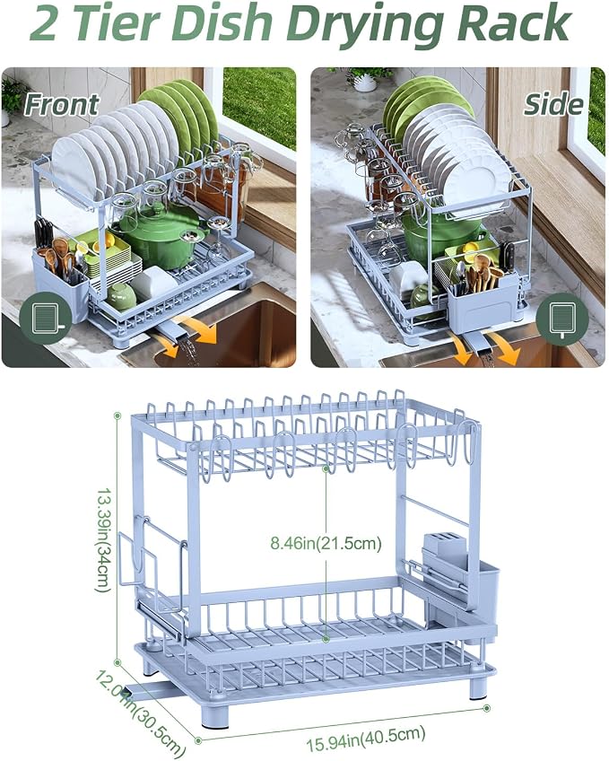 2-Tier Dish Drying Rack for Kitchen Counter, Space-Saving, Auto Drain Spout - Image 2