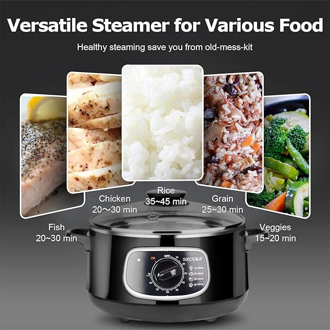 Secura 2 Stainless Steel Food Steamer 8.5 Qt Electric Glass Lid Vegetable Steamer Double Tiered Stackable Baskets with Timer