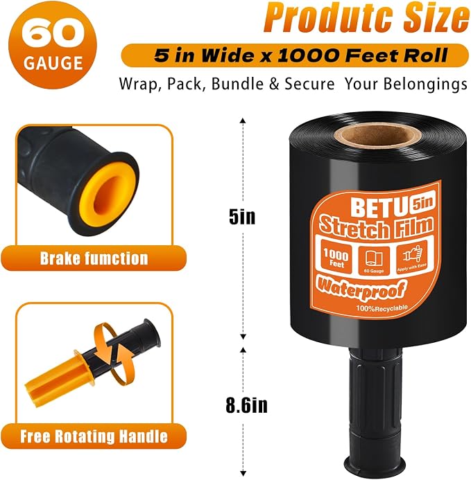 Black Stretch Film Shrink Wrap for Moving Supplies x 1000ft, Industrial - Image 2