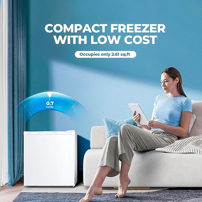1.1 Cu.ft Small Freezer, Mini Upright Freezer with 7 Adjustable Thermostat, Removable Shelves, Reversible Single Door, for Bedroom/Home/Dorms/Apartment (White)
