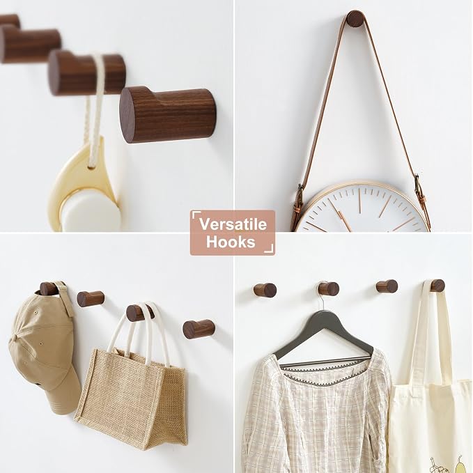 Wood Wall Hooks for Hanging, 4 Pack Rustic Coat Hooks Wall Mount, Handmade - Image 3