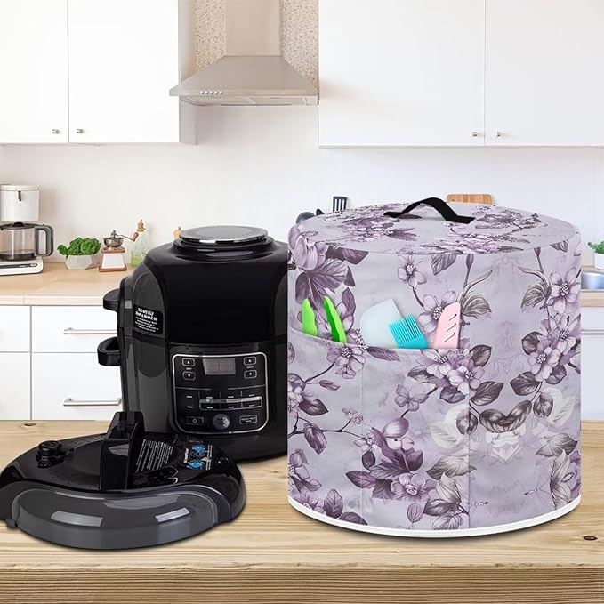 Purple Flower Pressure Cooker Cover for Women Dust Protection Insulated Rice Cooker Cover with Easy to Clean Lining Dust Cover with Pockets for Instant Pot 3 Quart Appliance Cover