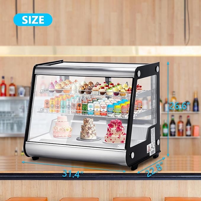 5.3 Cu.Ft Beverage Countertop Pastry Refrigerator, 3 Shelves Commercial Display Refrigerator Display Case w/LED Air-Cooling Automatic Defrost Rear Sliding Door for Cafe Restaurant, Black