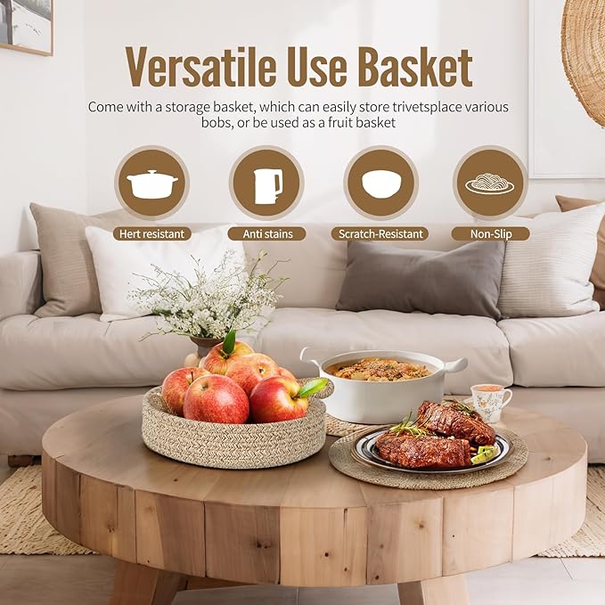 Hot Pads for Quartz Countertops with Storage Basket | 6-Pack 8-Inch Cotton Trivets for Hot Dishes & Pots | Machine Washable Farmhouse Kitchen Decor