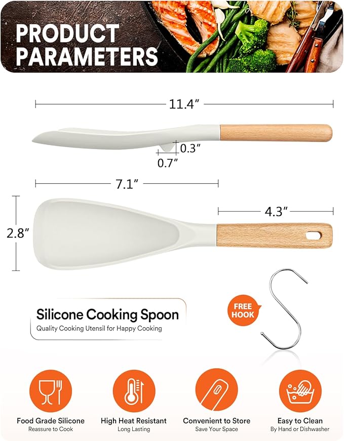 Cooking Spoon for Nonstick Cookwares, Great for Cooking and Serving Sturdy BPA-Free Matte Silicone, Wood Handle Spoon for Mixing, Scoop, and Scrape (WHITE, 11.4 inch)