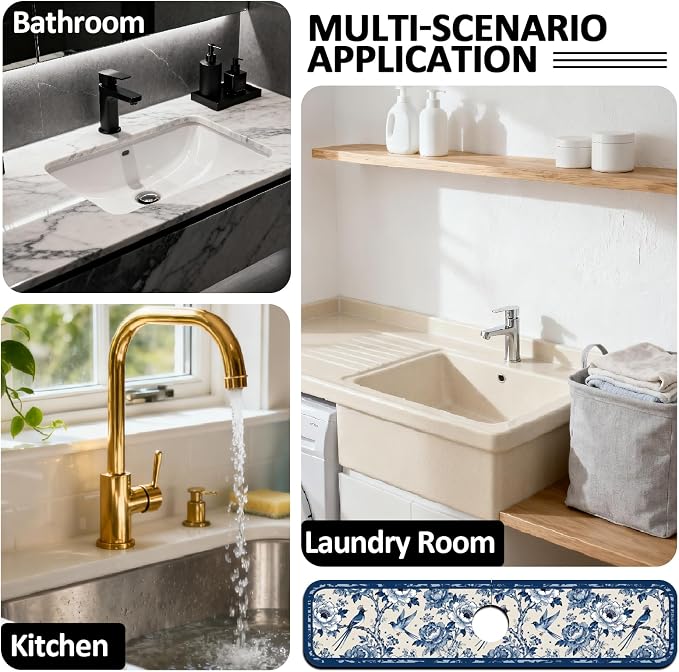 2 Pcs Kitchen Sink Splash Guard Faucet Mat Vintage Porcelain Flowers and Birds - Image 7