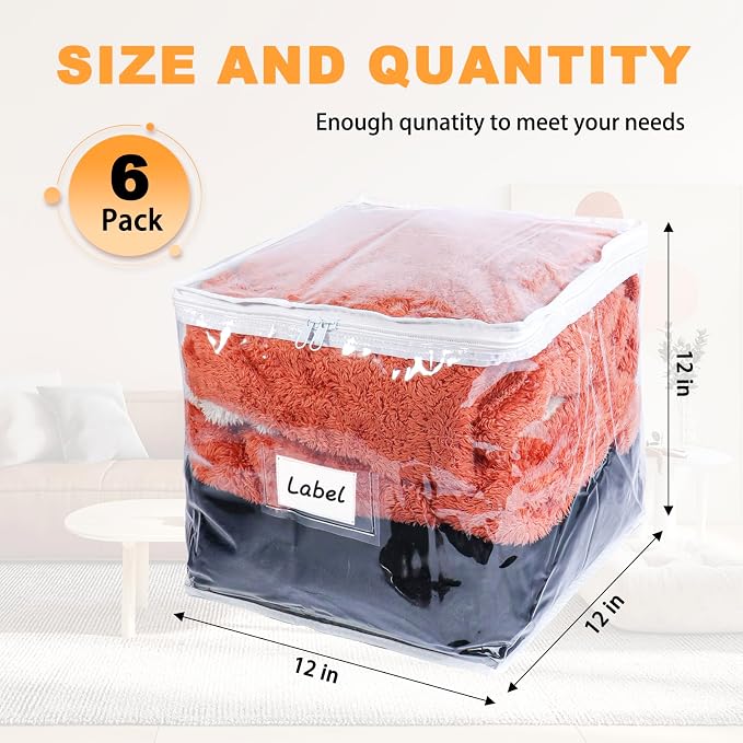 Clear Zippered Plastic Clothes Storage Bags, 6 Pack, Size: 12 x 12 x 12 Inch - Image 2