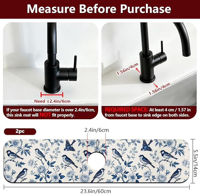 2 Pcs Blue Flowers and Birds Kitchen Sink Splash Guard Faucet Mat | Faucet Mat - Image 2