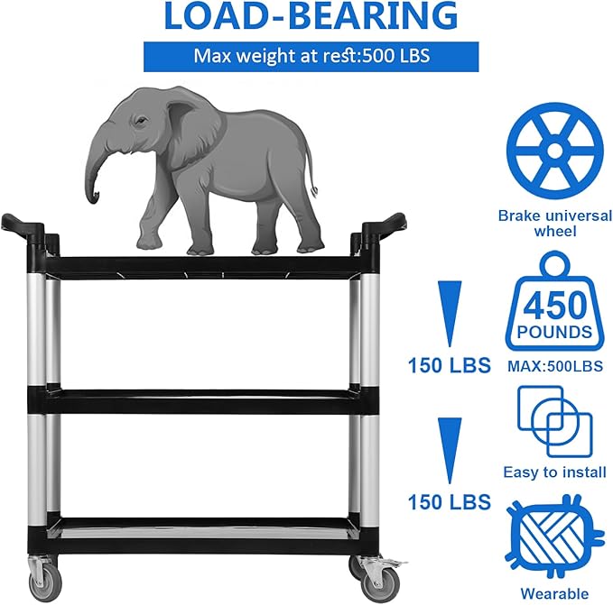 3-Shelf Rolling Utility Push Cart on Wheels, 500 LBS Capacity Heavy Duty Black Steel Organizer, Service Cart Push Cart for Restaurant, Bathroom, Catering Service & Business Tools Cleaning