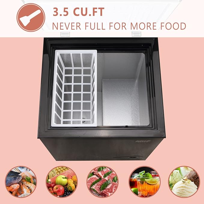 3.5 Cu.Ft Compact Chest Freezer with Removable Basket, Top Door Open Freestanding Deep Freezer with 7 Gears Temperature Adjustment, Ideal for Home, Kitchen & Office, Black