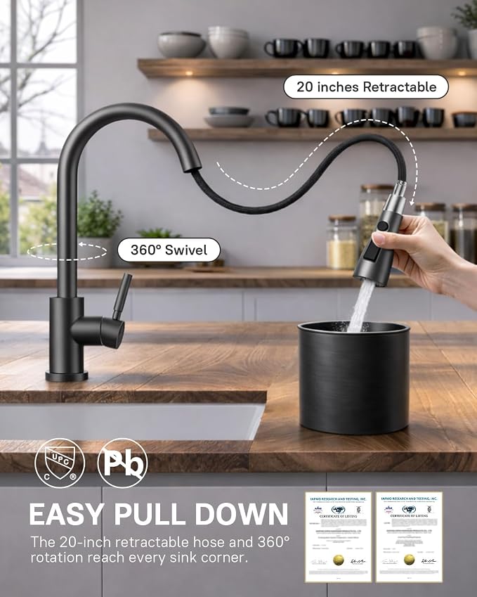 WEWE Pull-Down Kitchen Faucet, 3-Mode Sprayer, Matte Gray, Stainless Steel | - Image 3