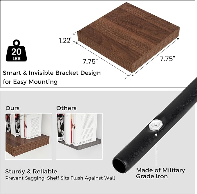 Square Floating Shelves for Wall 8"W x 8"D x 1.2"H, Small Engineered Wood Wall Shelves with Invisible Brackets for Living Room Bedroom Bathroom Office Kitchen Storage & Decor, Walnut Finish, Set of 3