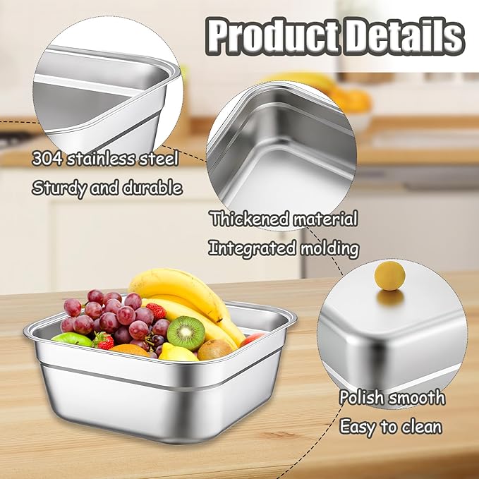 Stainless Steel Washing Up Bowls, 2PCS Square Dish Tub - Fruit Vegetable Washing Basin for Sink, Large Kitchen Containers & Sturdy Dishpans for Home Use, 12"