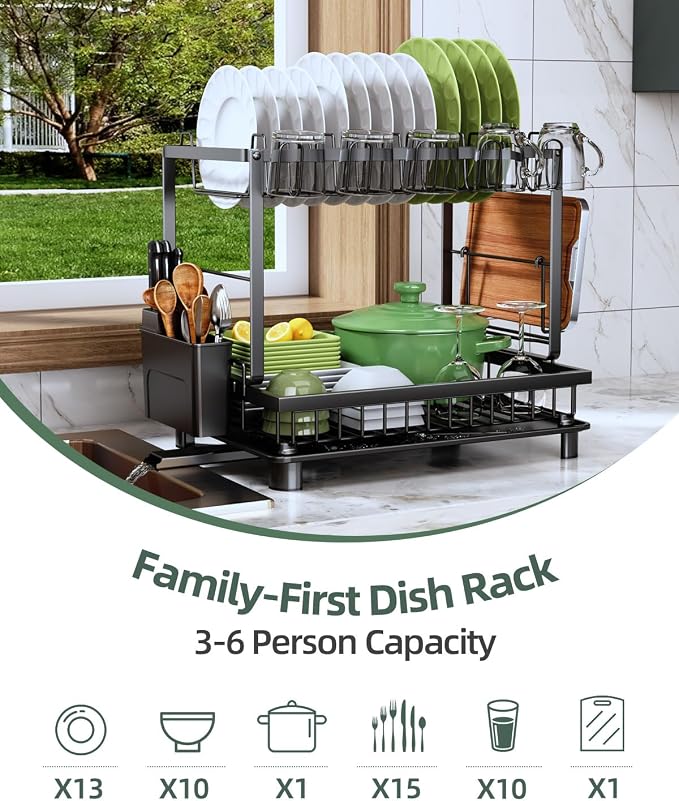 2-Tier Dish Drying Rack for Kitchen Counter, Space-Saving, Auto Drain Spout - Image 8