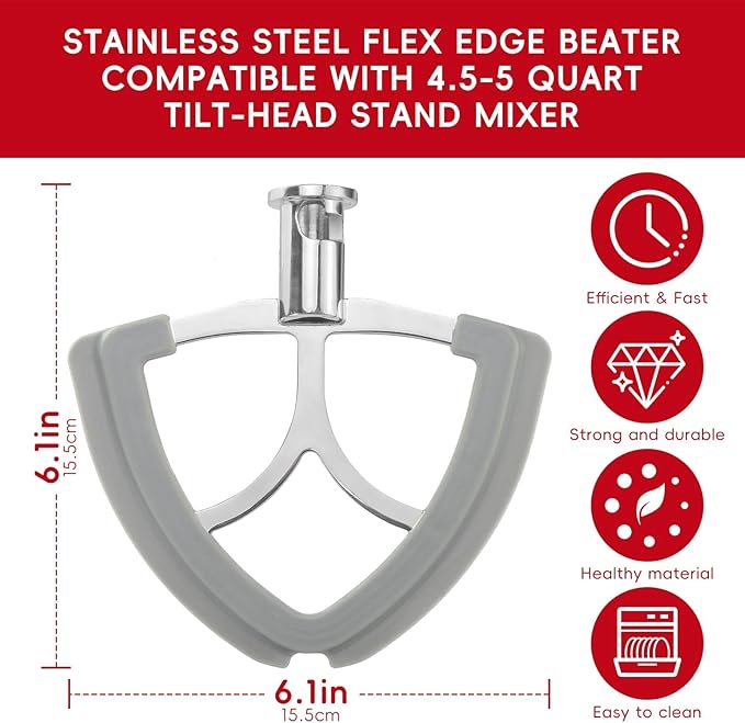 Flex Edge Beater for KitchenAid 4.5-5Quart Tilt-Head Stand Mixer, Stainless Steel Flat Beater Paddle, Fits KitchenAid Mixer Accessories & Attachments, with Silicone Edges Scraper