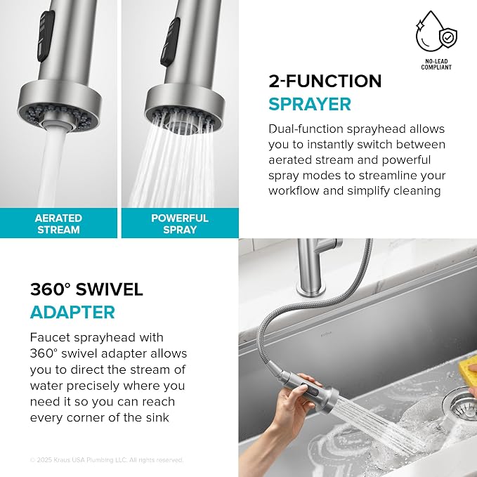 KRAUS Oletto Commercial Style 2-Function Single Handle Pull Down Kitchen Faucet - Image 5