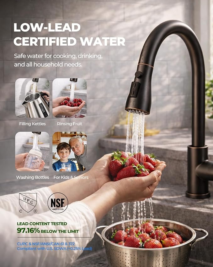 WEWE Pull-Down Kitchen Faucet, 3-Mode Sprayer, Oil Rubbed Bronze, High Arc | - Image 4