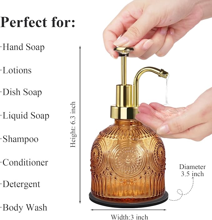 Amolliar 8 Oz Glass Vintage Soap Dispenser Plastic Gold Pump, - Image 2